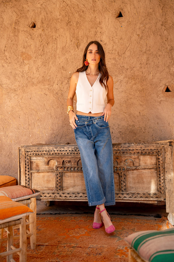 Color:Jean bleu,Jean Loose Cross à Fermeture Asymétrique - Jean Femme - Place du jour