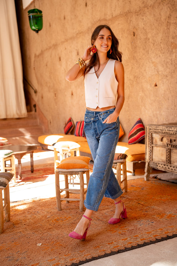 Color:Jean bleu,Jean Loose Cross à Fermeture Asymétrique - Jean Femme - Place du jour