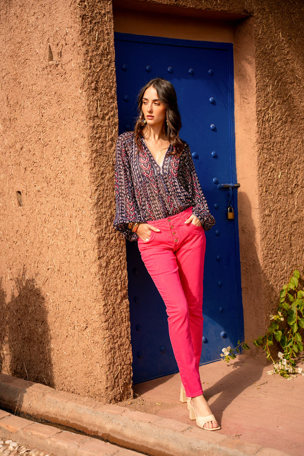 Color:Fuschia ,Boyfriend Taille Haute à Boutons - Jean femme - Place du jour