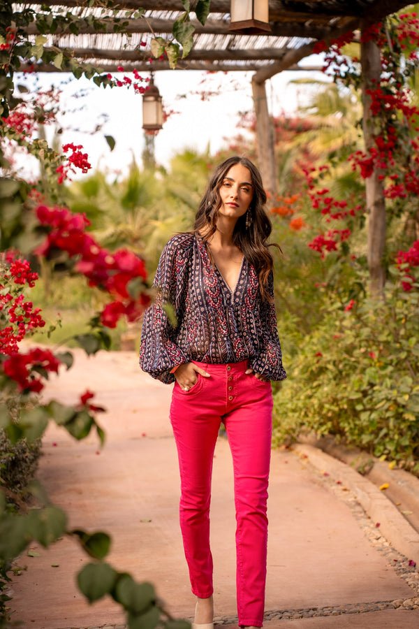 Color:Fuschia ,Boyfriend Taille Haute à Boutons - Jean femme - Place du jour
