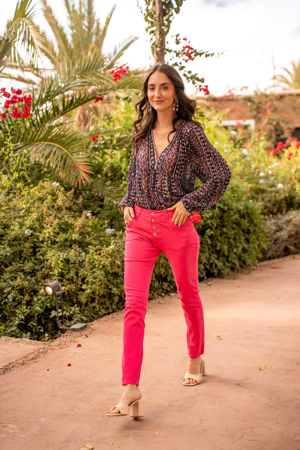 Color:Fuschia ,Boyfriend Taille Haute à Boutons - Jean femme - Place du jour