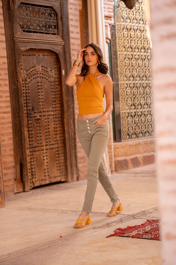 Color:Kaki ,Boyfriend Taille Haute à Boutons - Jean femme - Place du jour