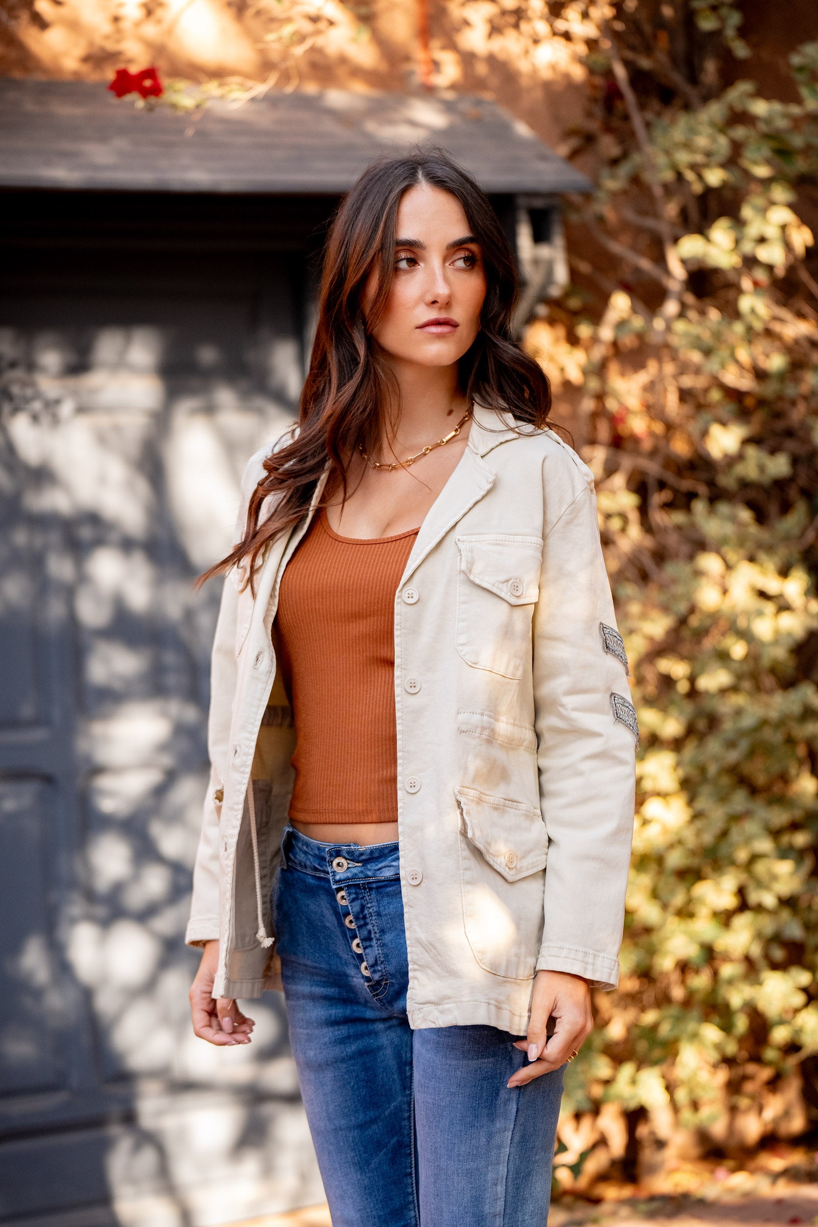 Beige, Veste Saharienne Étoile Strasse - Veste Femme - Place du jour Beige, Veste Saharienne Étoile Strasse - Veste Femme - Place du jour