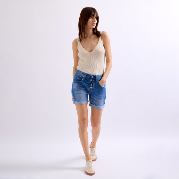 Color:Jean bleu,Short Marine en JoggJeans Classiques 5 Boutons - Place du jour