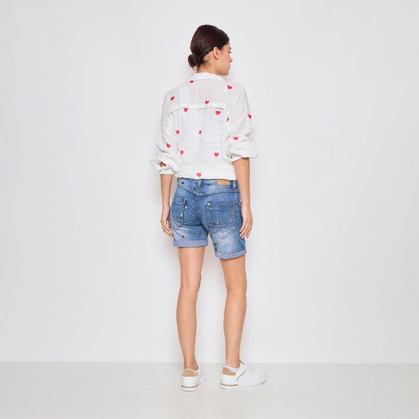 Color:Jean bleu,Short Broderies Cœur - Jean Femme - Place du jour