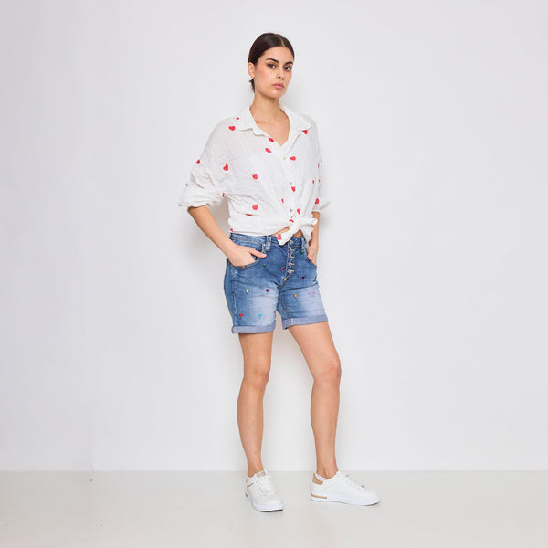 Color:Jean bleu,Short Broderies Cœur - Jean Femme - Place du jour