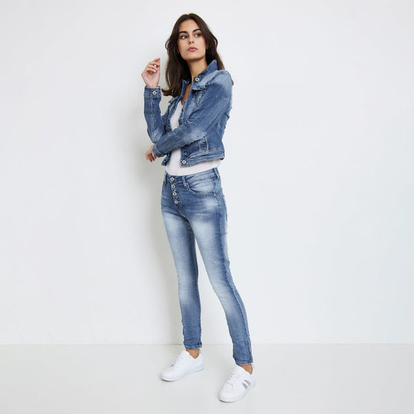 Color:Jean bleu,Veste cintrée classique en jean - Veste Femme - Place du jour
