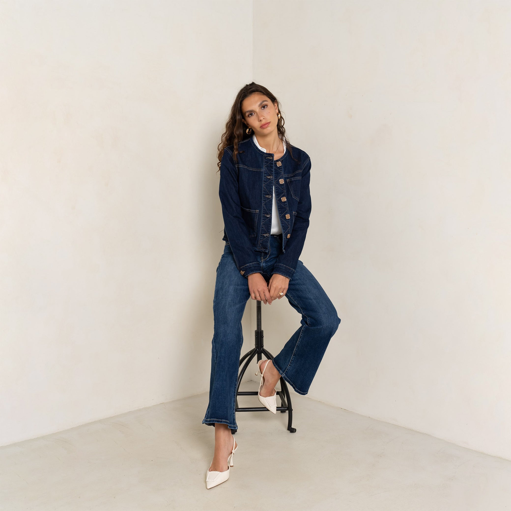 Jean brut,Veste en jean brut sans col - Veste femme - Place du jour Jean brut,Veste en jean brut sans col - Veste femme - Place du jour