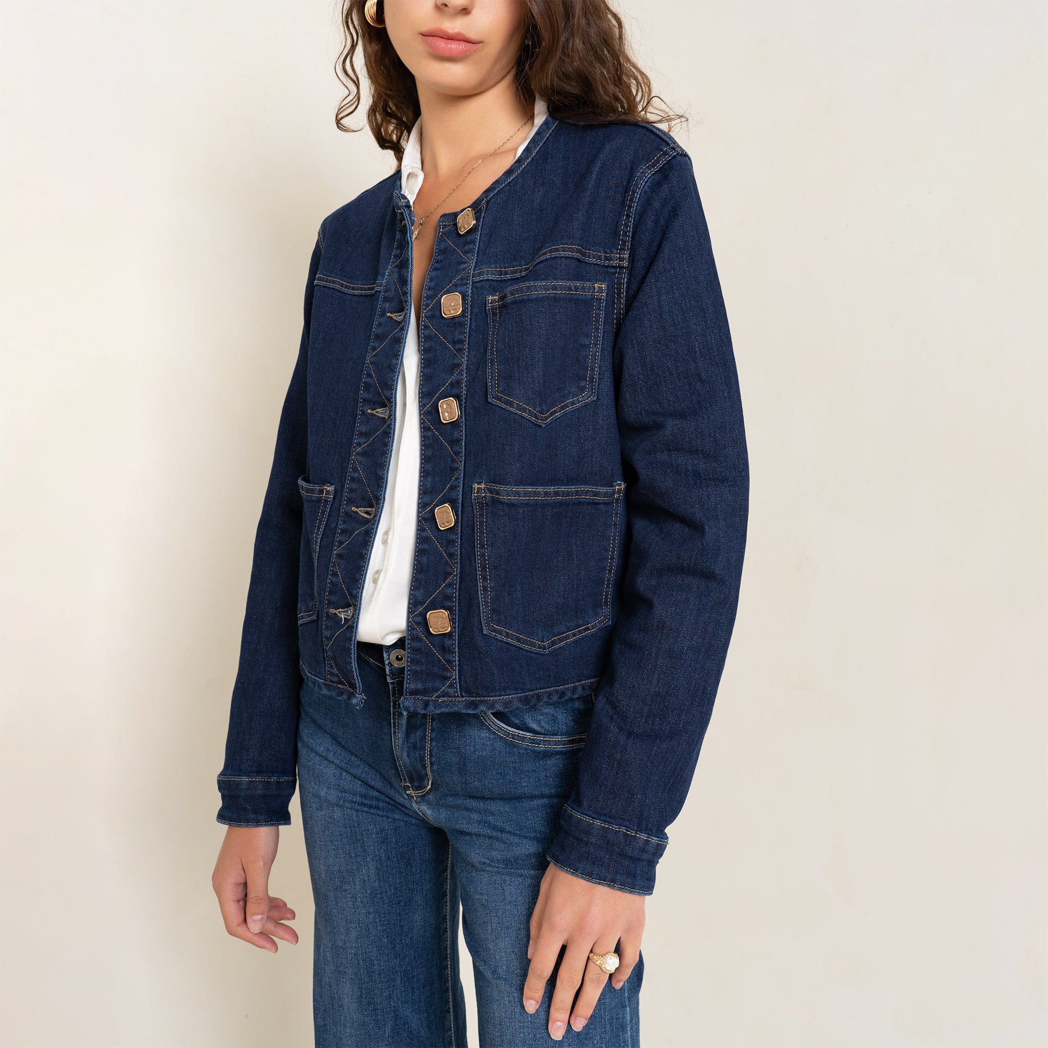 Jean brut,Veste en jean brut sans col - Veste femme - Place du jour Jean brut,Veste en jean brut sans col - Veste femme - Place du jour