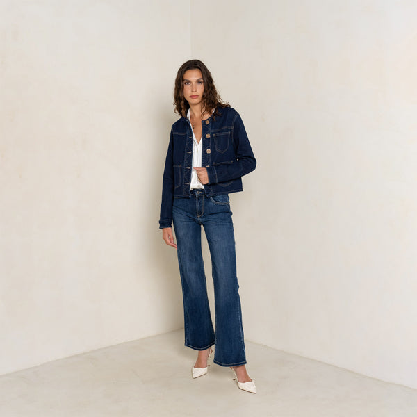 Color:Jean brut,Veste en jean brut sans col - Veste femme - Place du jour