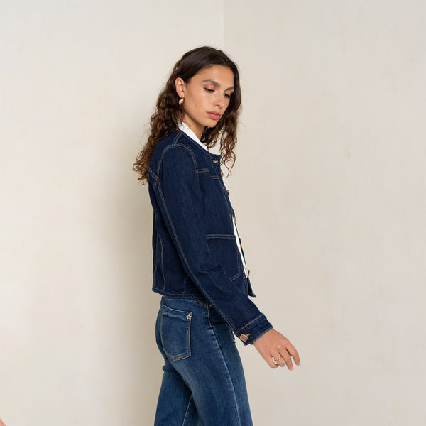 Color:Jean brut,Veste en jean brut sans col - Veste femme - Place du jour