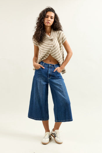 Jupe-culotte taille haute en jean bleu foncé, ceinture corde, Place du Jour