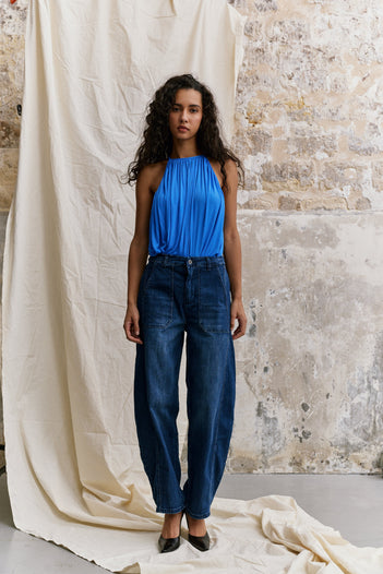 Color:Jean bleu fonce, Pantalon Ballon Grande Poche - Vue 1 - Place du Jour