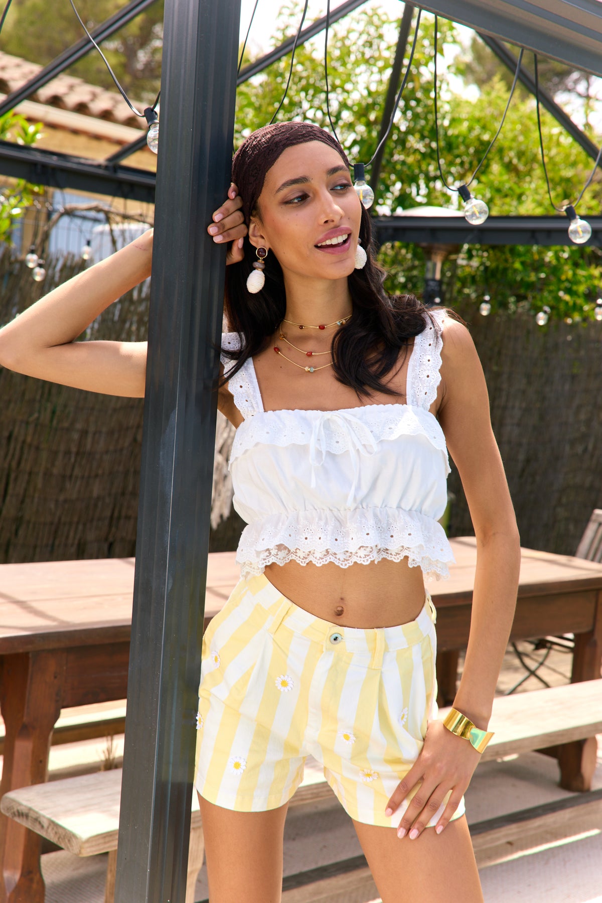 Jaune, Short Rayé à Marguerites - Lookbook - Place du Jour