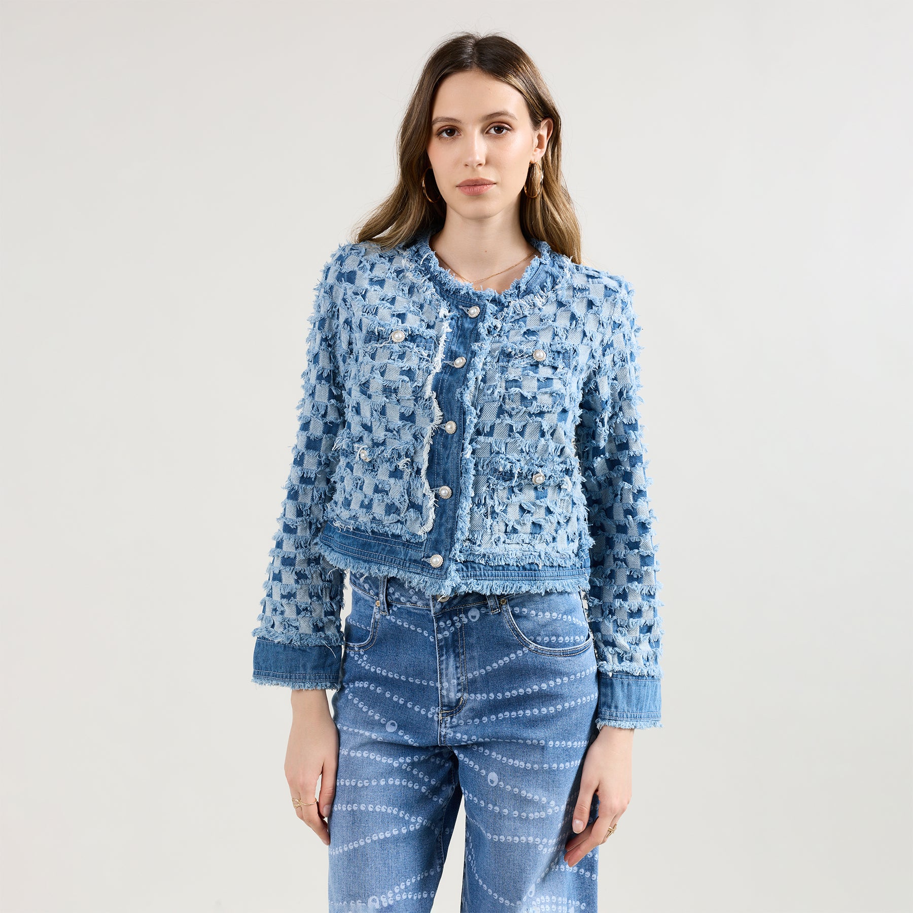 Jean bleu clair,Veste tweed carreaux Élise - Veste femme - Place du jour