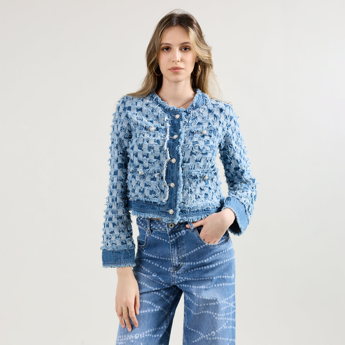 Jean bleu clair,Veste tweed carreaux Élise - Veste femme - Place du jour