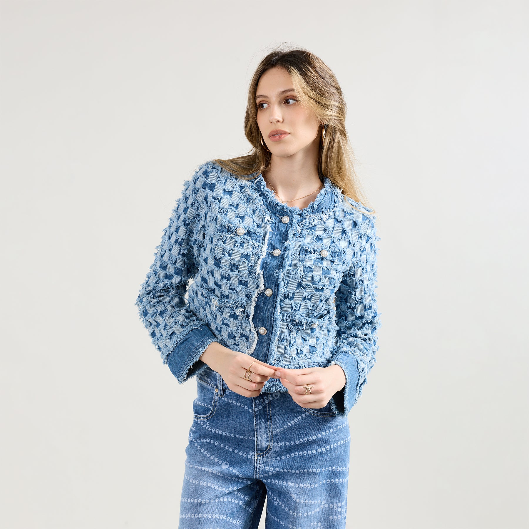 Jean bleu clair,Veste tweed carreaux Élise - Veste femme - Place du jour