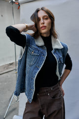 Jean bleu, Veste sans manches doublée moumoute - Veste femme - Place du jour