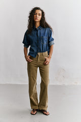 Jean bleu fonce, Chemise Denim Courte Épaules Tombantes - Vue 1 - Place du Jour