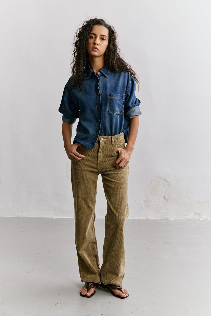 Chemise Denim Courte Épaules Tombantes