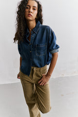 Jean bleu fonce, Chemise Denim Courte Épaules Tombantes - Vue 4 - Place du Jour
