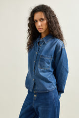 Jean bleu fonce, Chemise Denim Courte Épaules Tombantes - Vue 7 - Place du Jour
