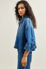 Jean bleu fonce, Veste Courte Boutonnée Col Chemise - Vue 4 - Place du Jour