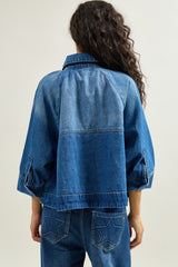 Jean bleu fonce, Veste Courte Boutonnée Col Chemise - Vue 5 - Place du Jour