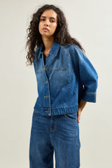 Jean bleu fonce, Veste Courte Boutonnée Col Chemise - Vue 8 - Place du Jour