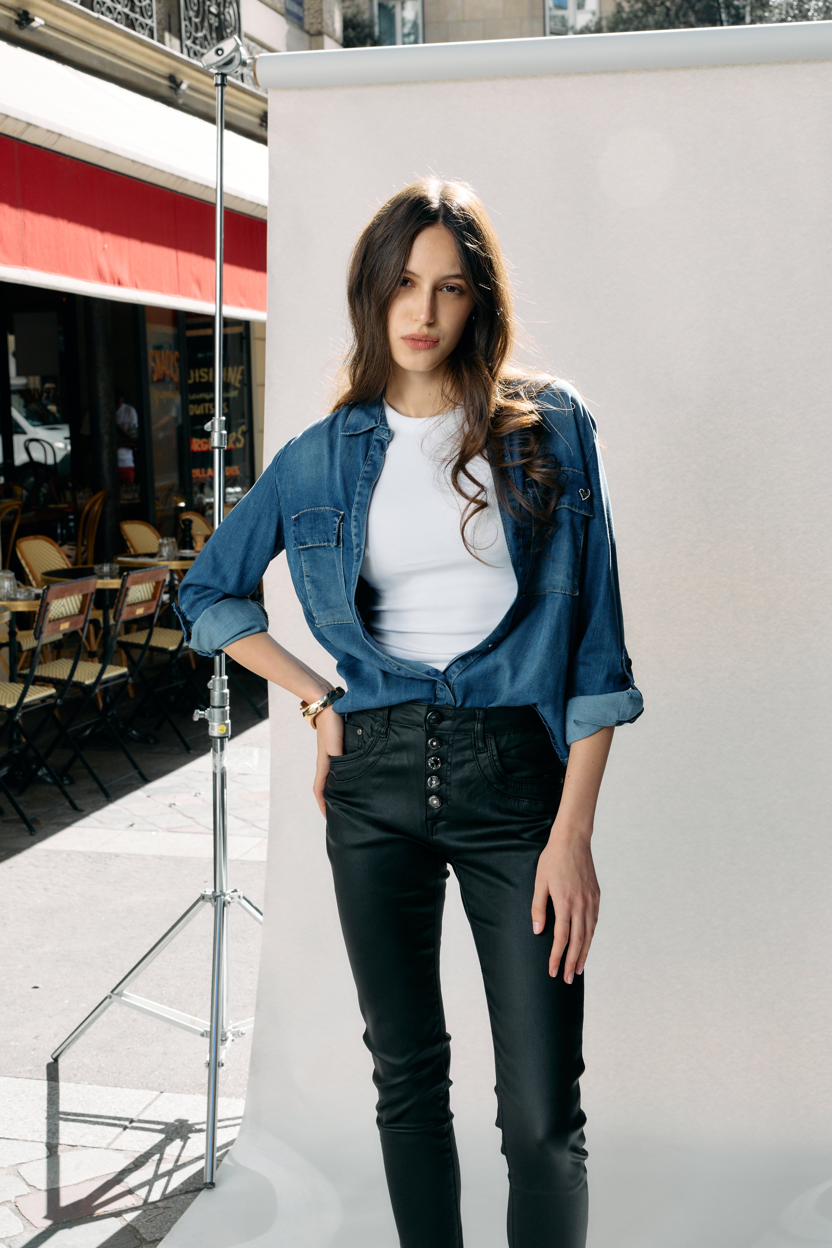 Noir,Boyfriend simili cuir boutons fantaisies - Jean femme - Place du jour