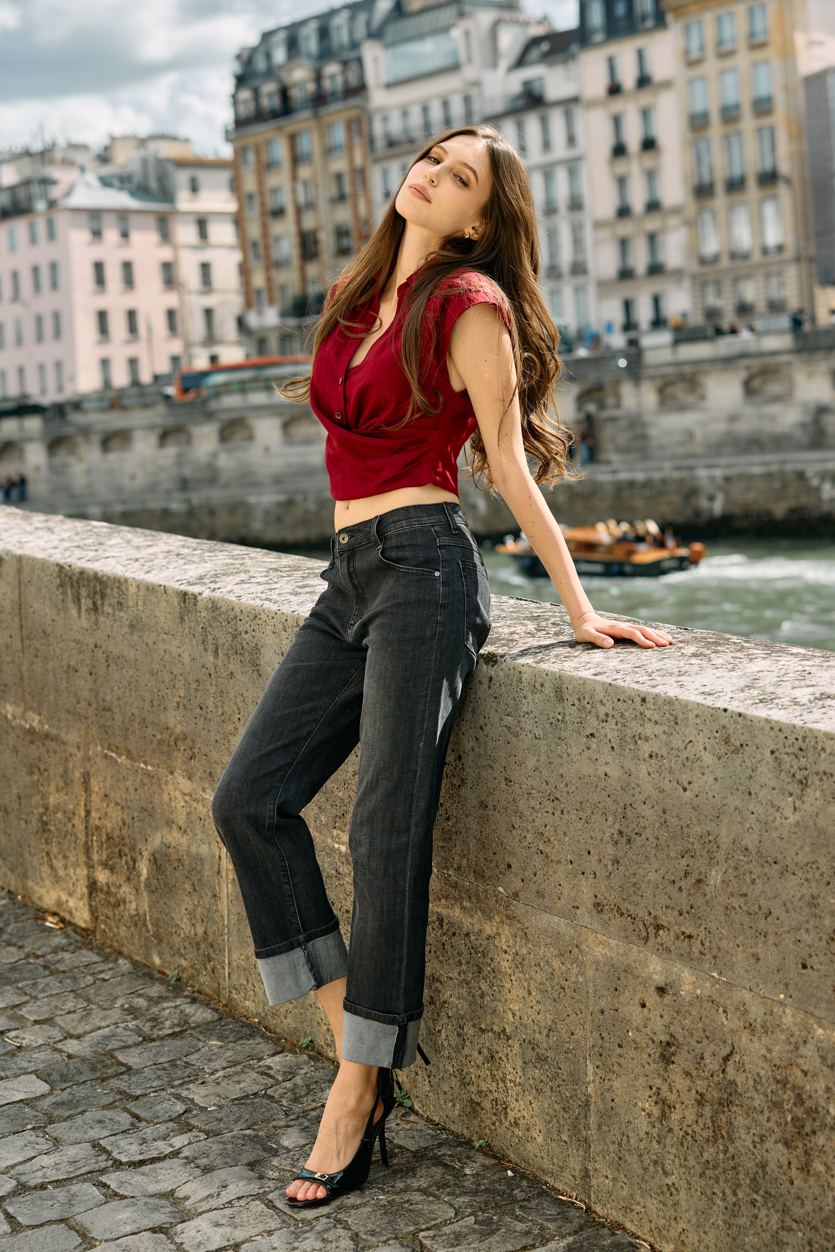 Jean noir,Jean Alicia coupe droite avec un revers - Jean femme - Place du jour