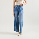 Jean bleu,Pantalon coupe droite ourlet marqué - Jean femme - Place du jour