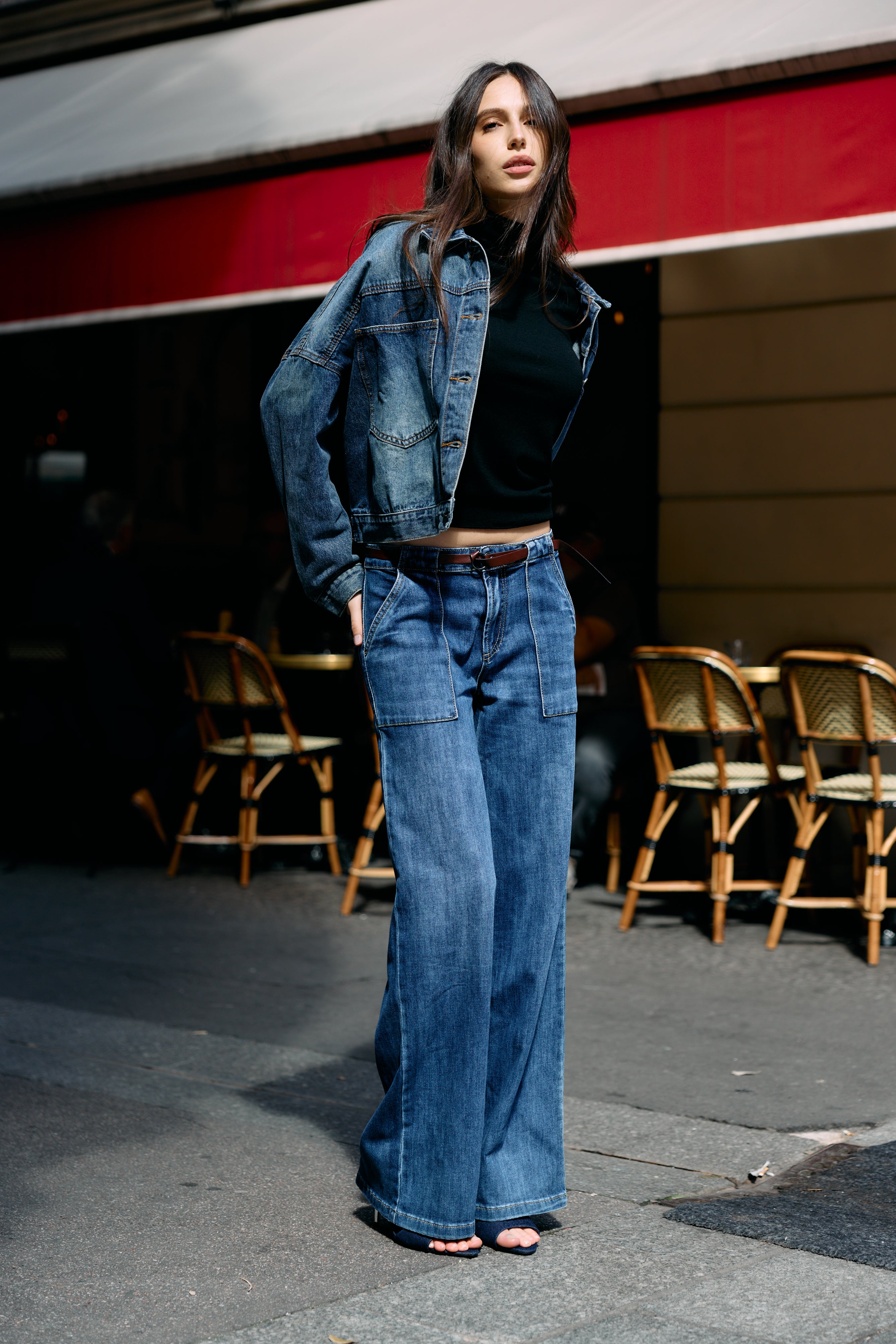 Jean bleu fonce,Jean coupe large grande poche - Jean femme - Place du jour