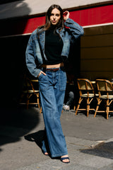 Jean bleu fonce,Jean coupe large grande poche - Jean femme - Place du jour