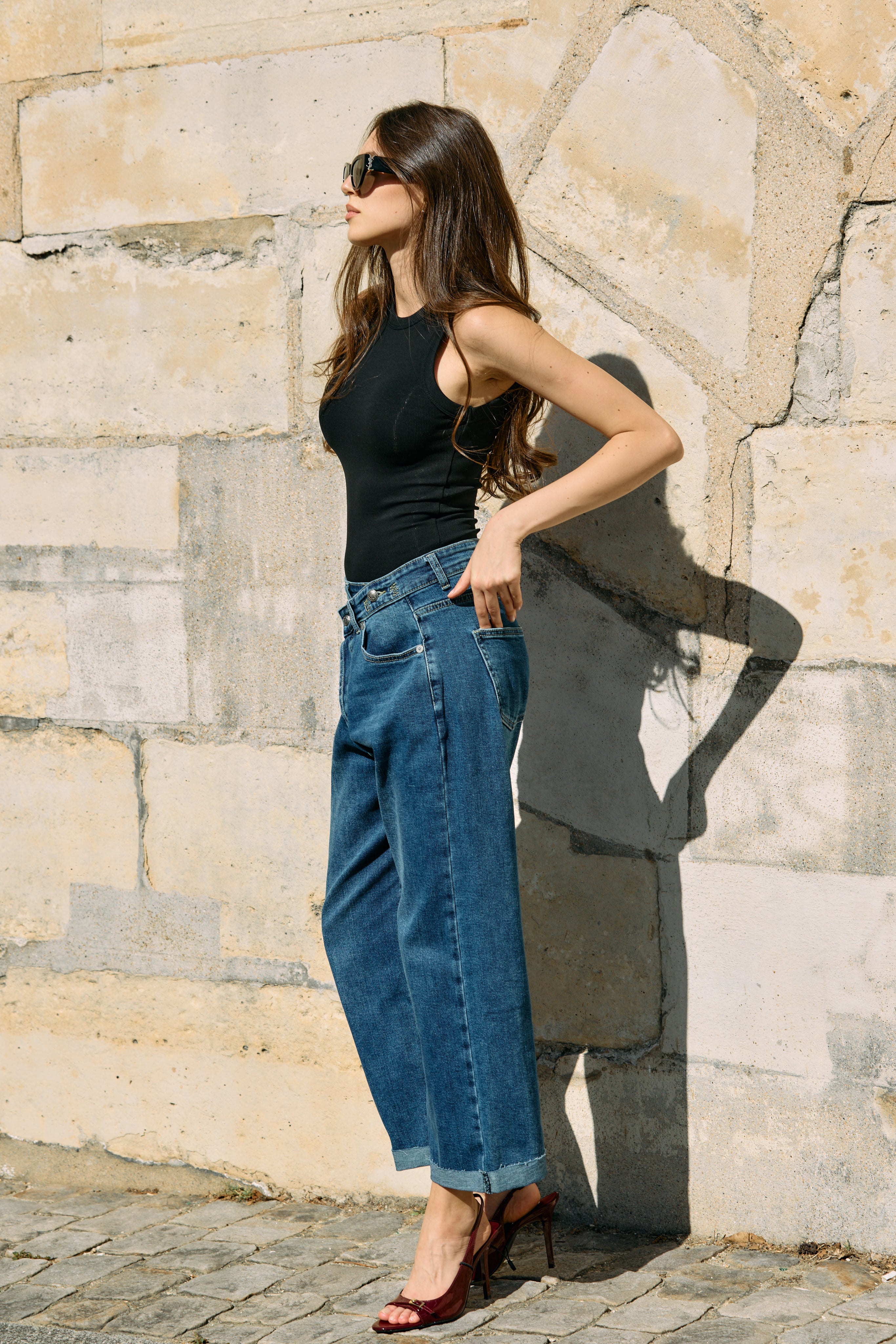 Jean bleu fonce,Jean Loose Cross à Fermeture Asymétrique - Jean Femme - Place du jour