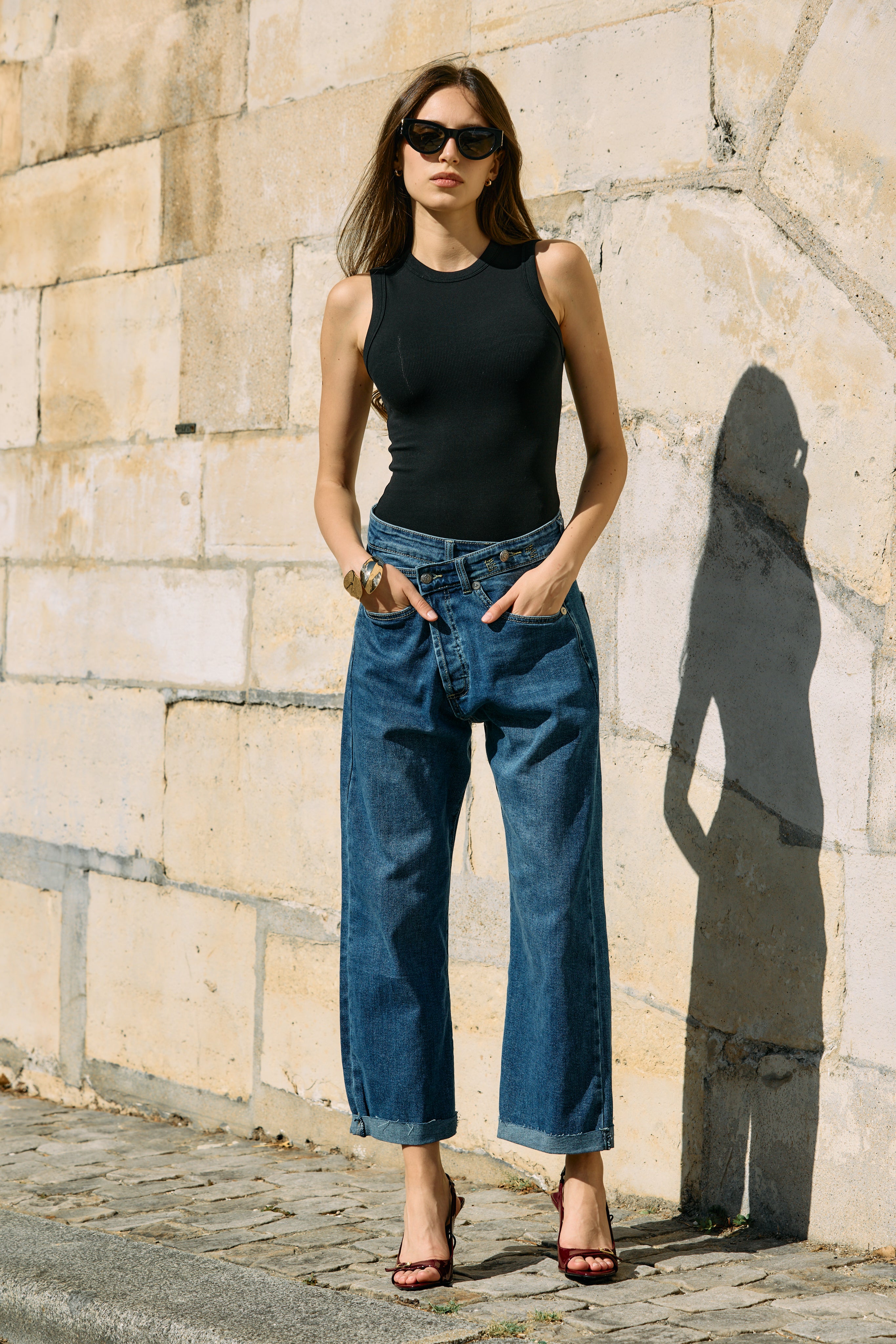 Jean bleu fonce,Jean Loose Cross à Fermeture Asymétrique - Jean Femme - Place du jour