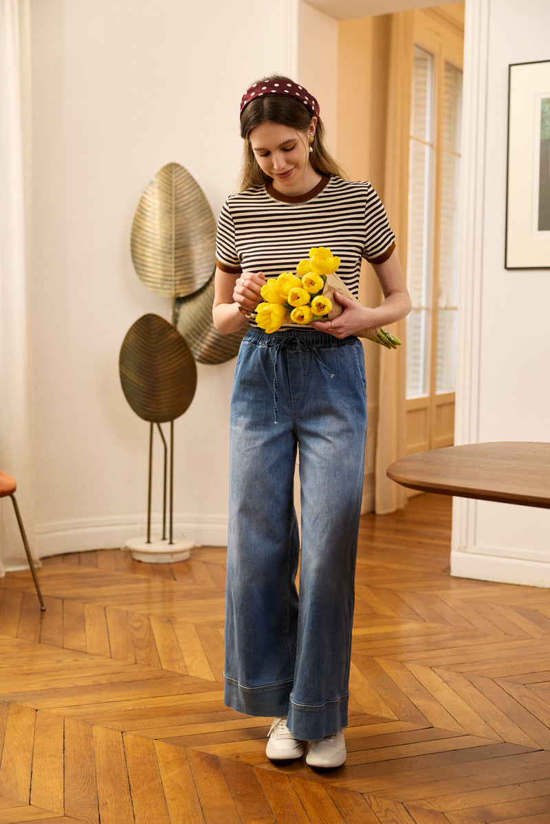 Jean droit large à lacet taille élastique