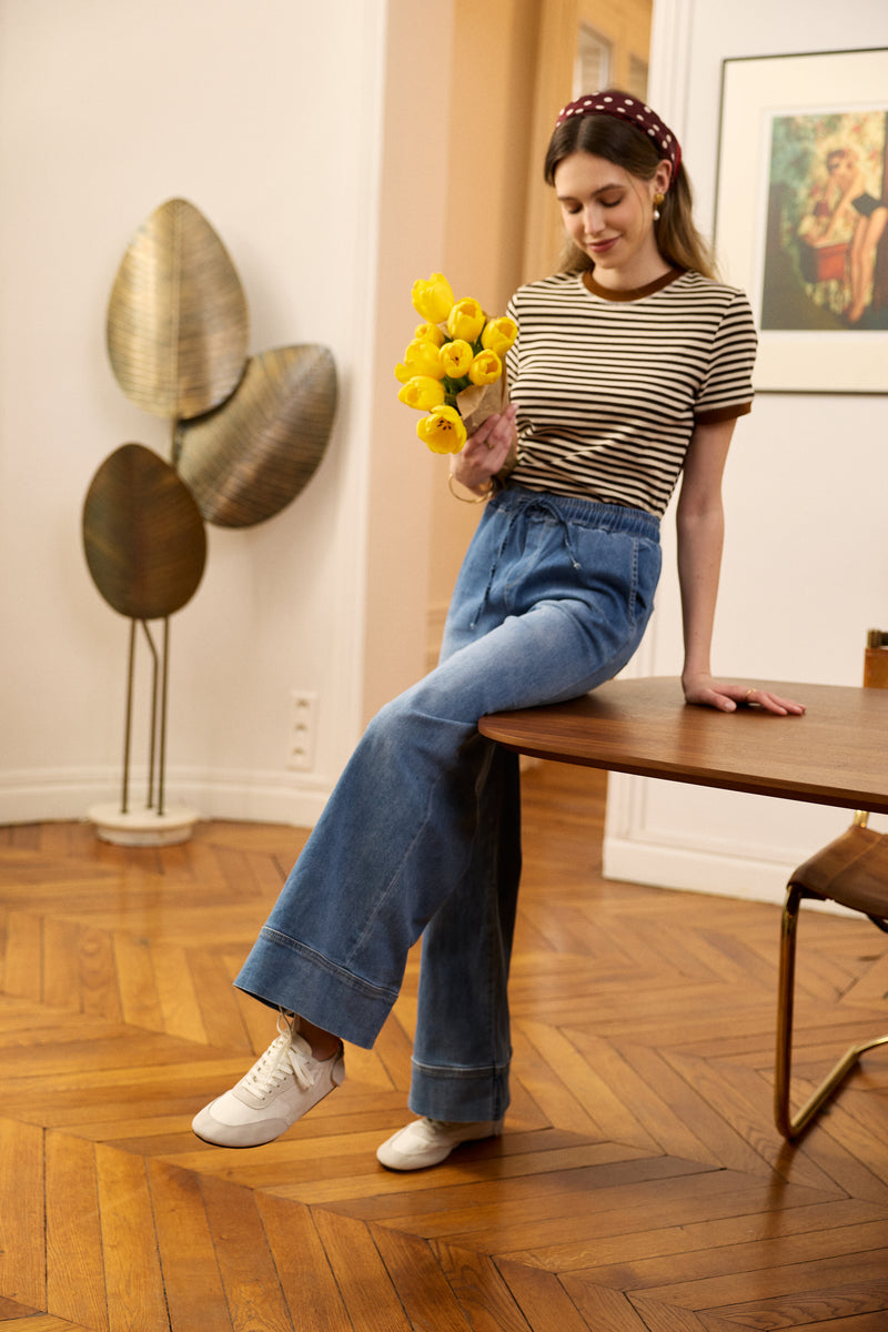 Jean droit large à lacet taille élastique