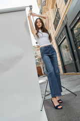 Jean bleu, Jean Stacy coupe droite avec strass - Jean femme - Place du jour