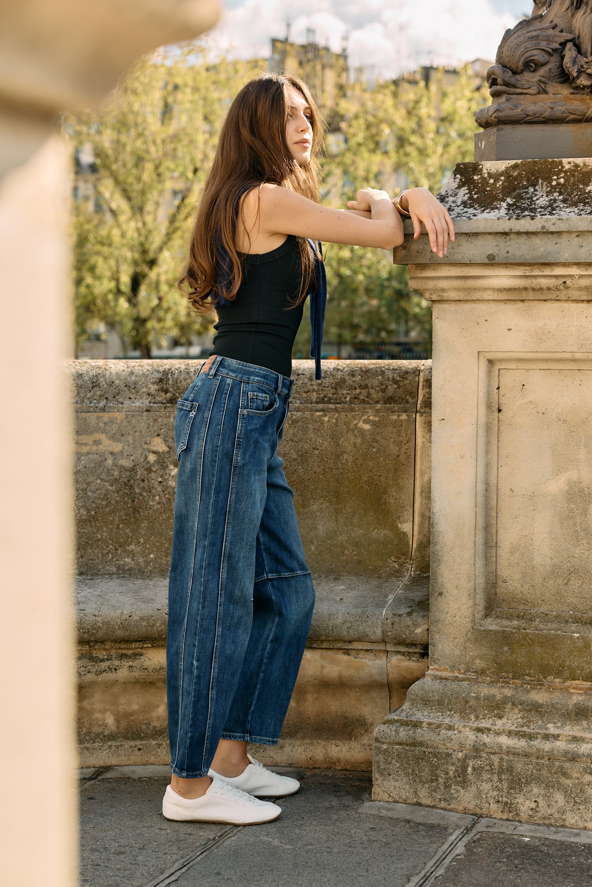 Jean bleu, Jean ballon pinces taille haute - Jean femme - Place du jour