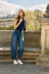 Jean bleu, Jean ballon pinces taille haute - Jean femme - Place du jour