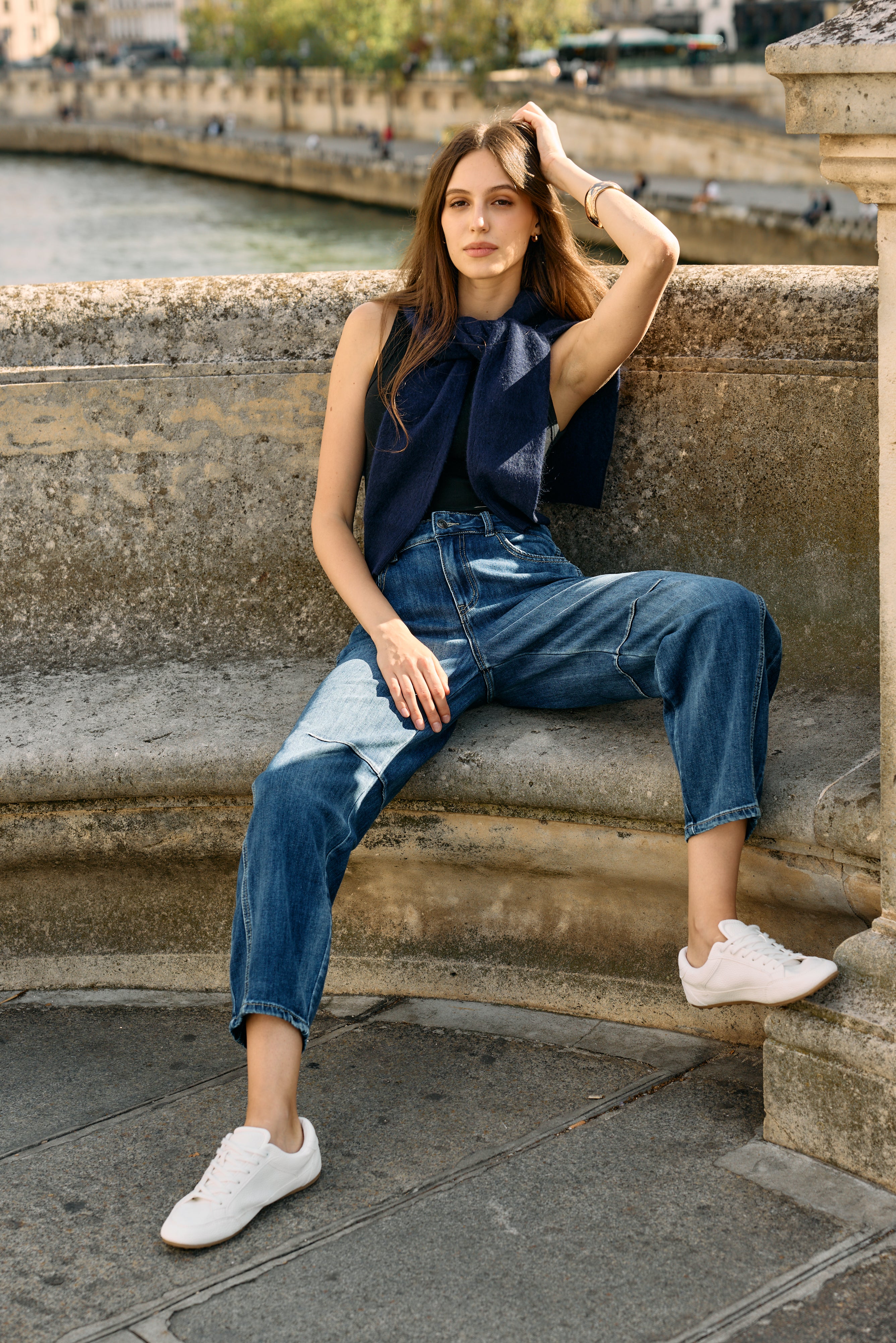 Jean bleu, Jean ballon pinces taille haute - Jean femme - Place du jour