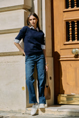 Jean bleu, Jean imprimé paisley coupe droite - Jean femme - Place du jour
