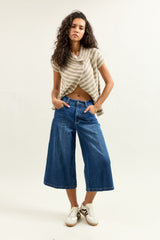 Jean bleu fonce, Jupe Culotte Taille Haute Ceinture Corde - Vue 1 - Place du Jour