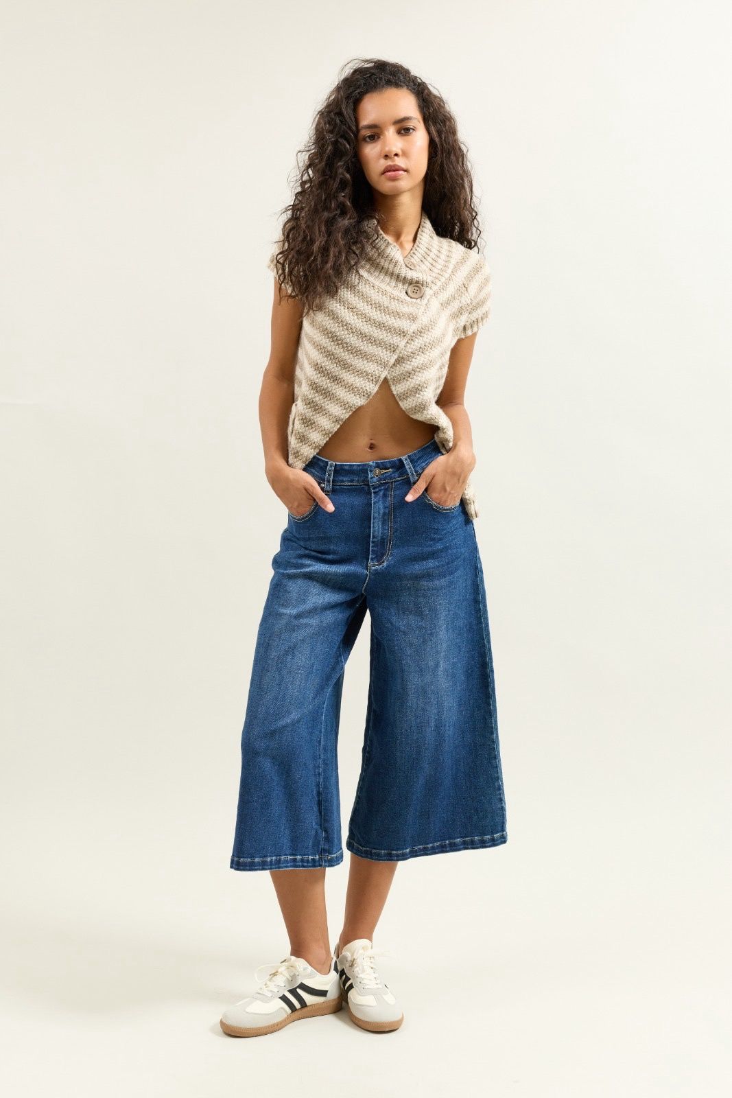 Jean bleu fonce, Jupe Culotte Taille Haute Ceinture Corde - Vue 2 - Place du Jour
