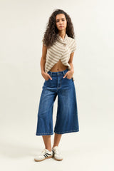 Jean bleu fonce, Jupe Culotte Taille Haute Ceinture Corde - Vue 2 - Place du Jour