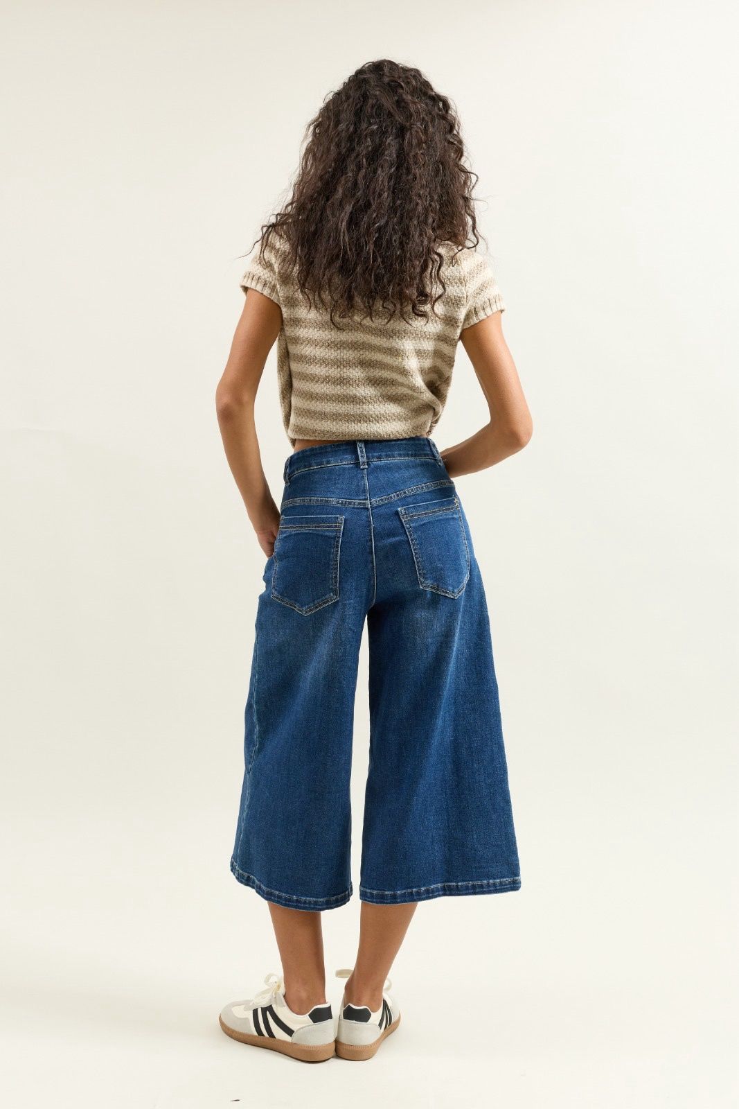 Jean bleu fonce, Jupe Culotte Taille Haute Ceinture Corde - Vue 3 - Place du Jour
