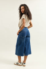 Jean bleu fonce, Jupe Culotte Taille Haute Ceinture Corde - Vue 4 - Place du Jour