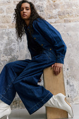 Jean bleu, Jupe-Culotte en Jean Brut à Plis - Vue 5 - Place du Jour