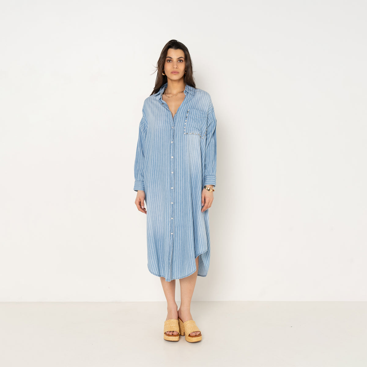 Bleu,Chemise longue Élodie rayée & poche bijoux - Chemise femme - Place du jour